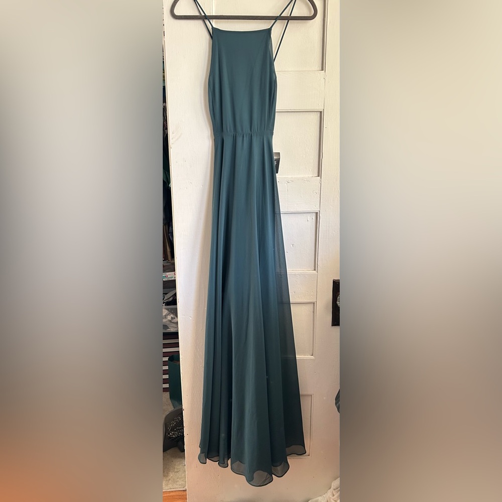NWT - LULUS - Chiffon Hunter Green Floor length gown, size Small